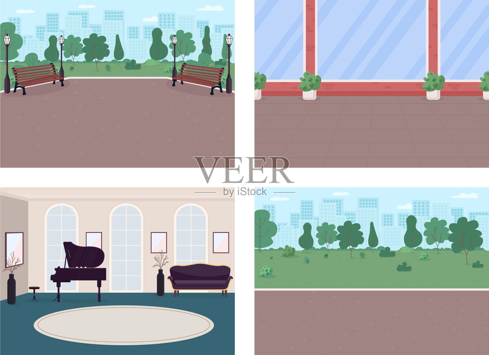 城市街道和豪华住宅的平面色集插画图片素材