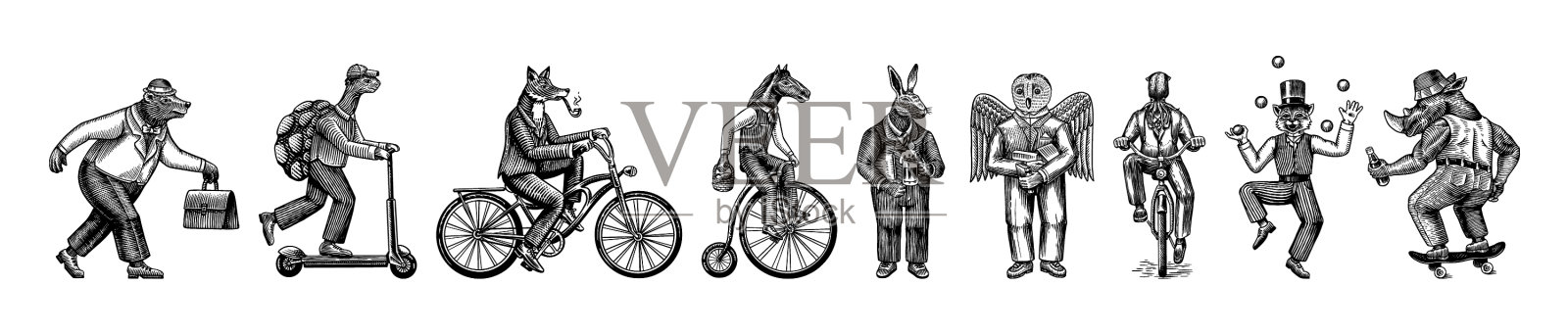 骑自行车的狐狸，玩杂耍的猫，骑摩托车的乌龟设计元素图片