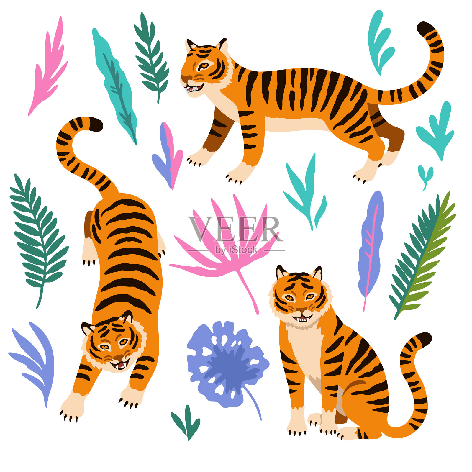 一套可爱的卡通老虎和热带花卉设计元素图片