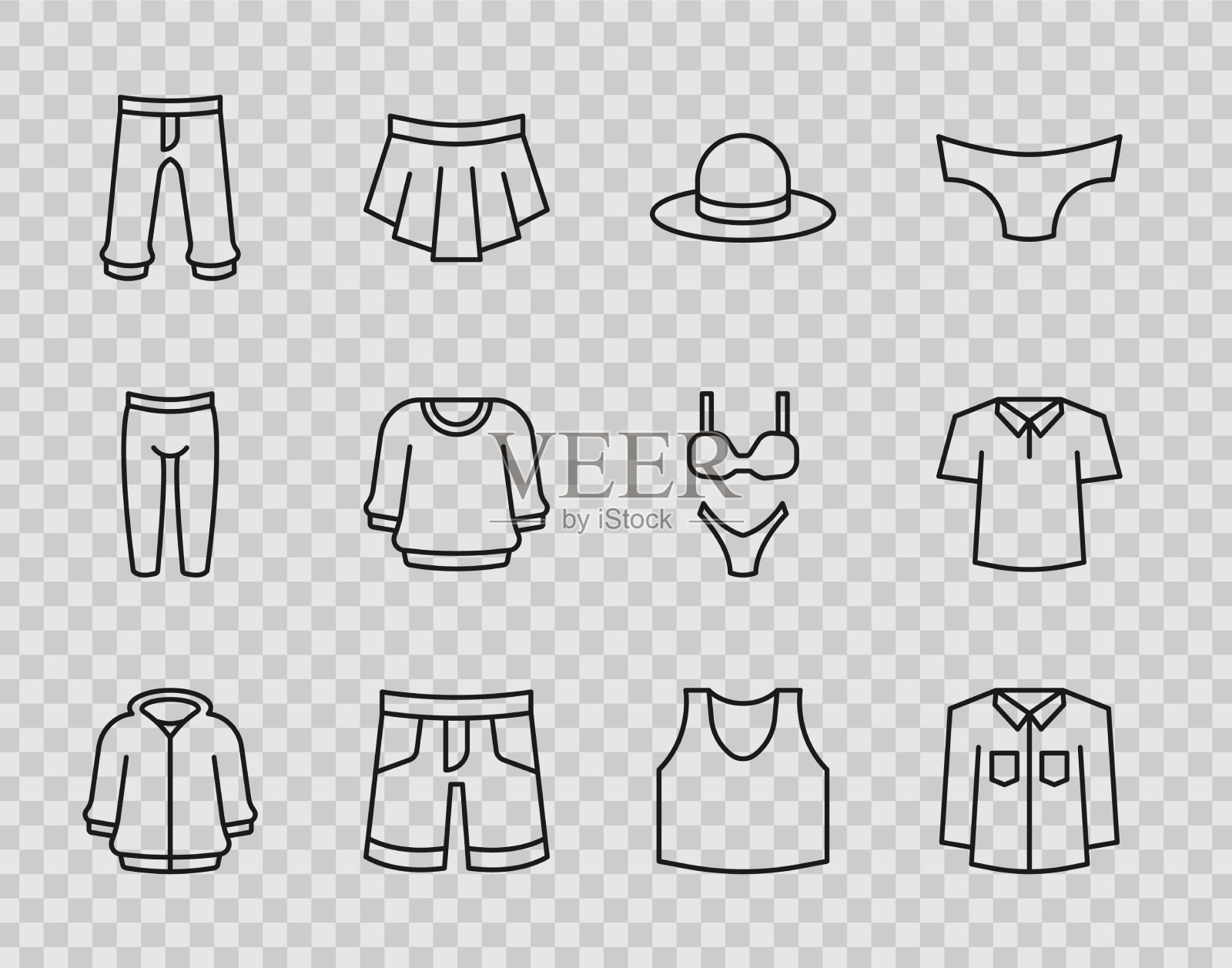 套线卫衣衬衫，男士帽子，短裤或长裤图标素材