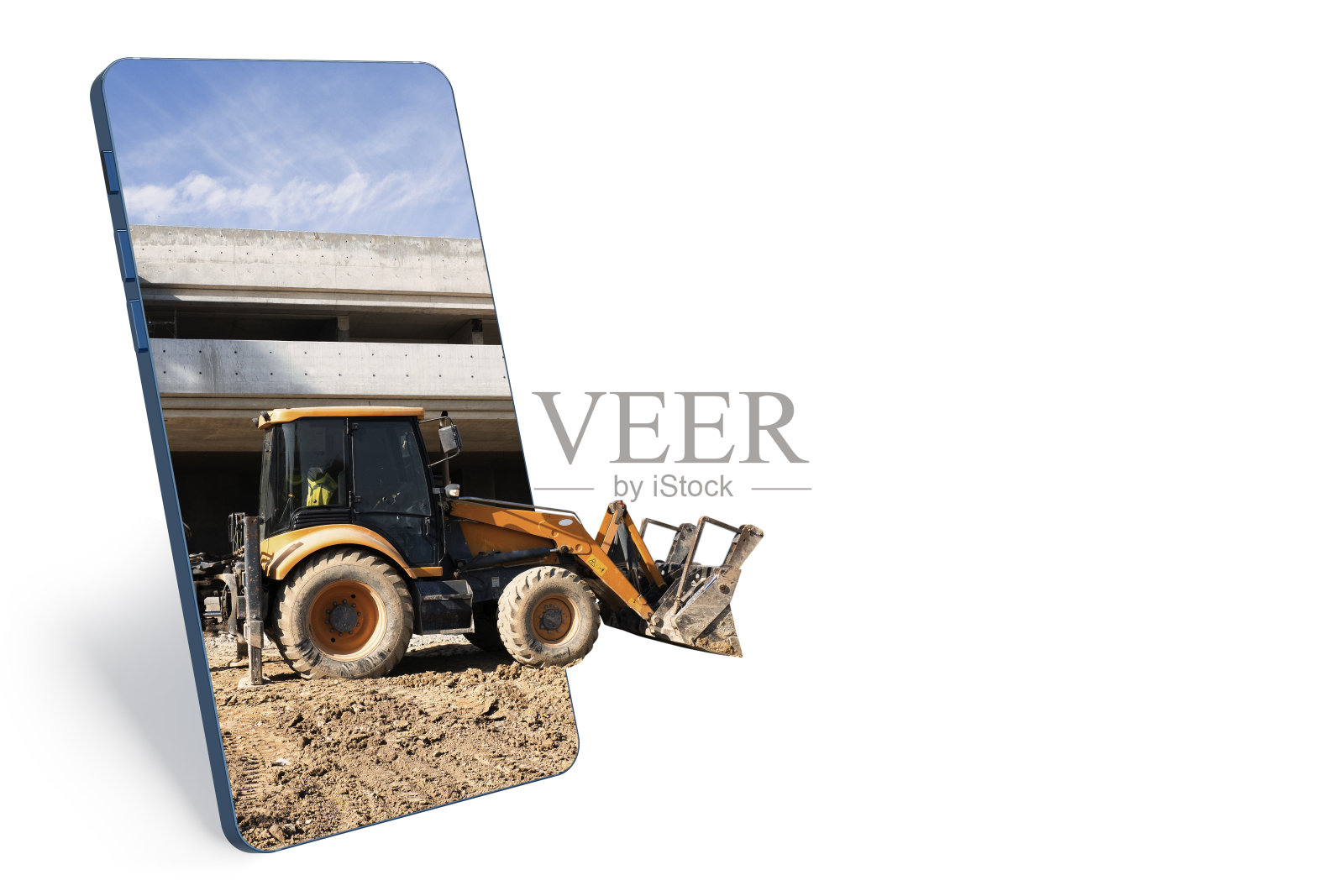 在一栋在建房屋的背景下，一辆带着凸起的铲斗的建筑拖拉机。建筑工地的概念。三维渲染照片摄影图片