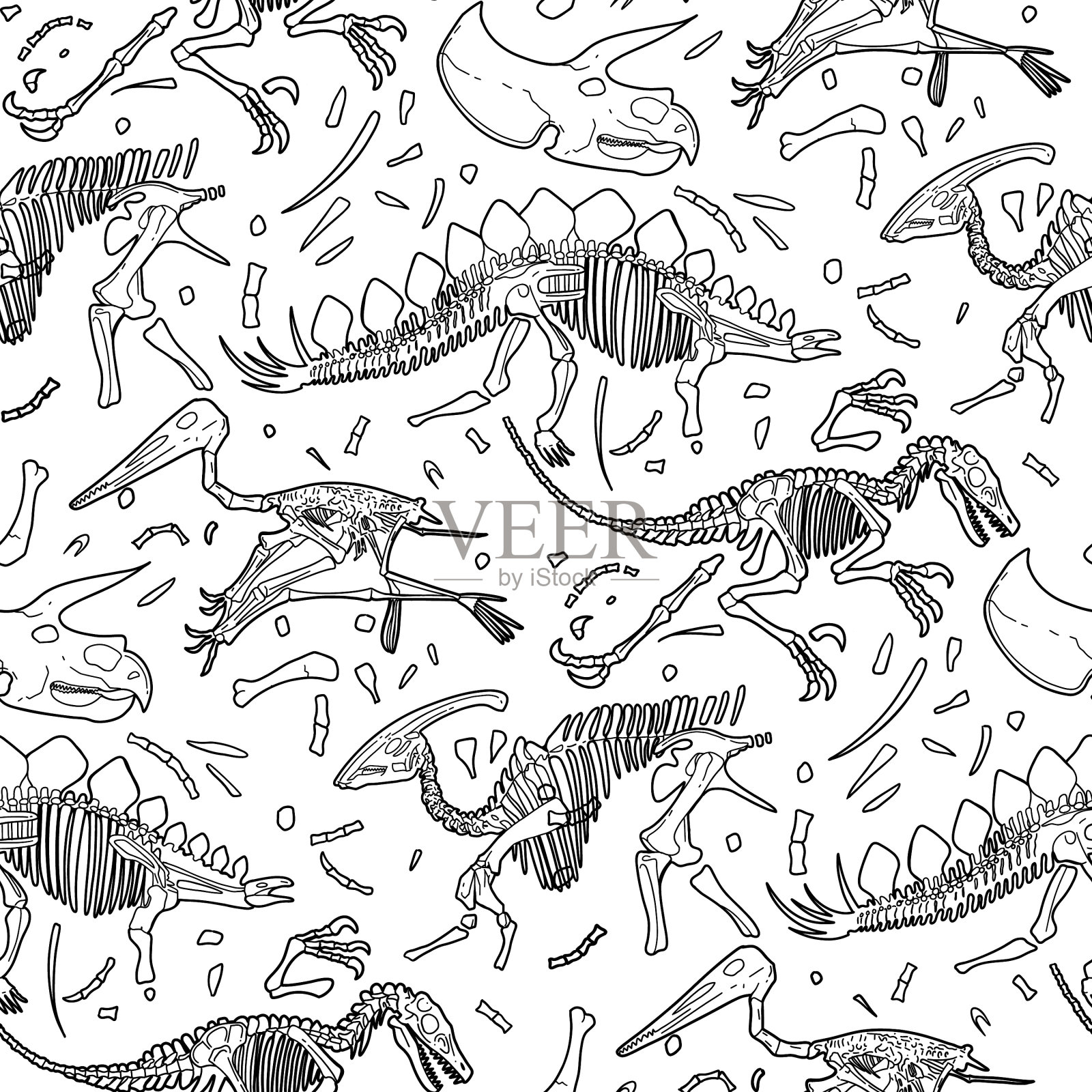 重复无缝图案的恐龙化石上插画图片素材