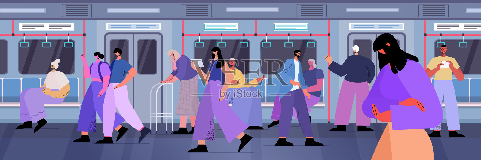 地铁里疲惫沮丧的女乘客插画图片素材
