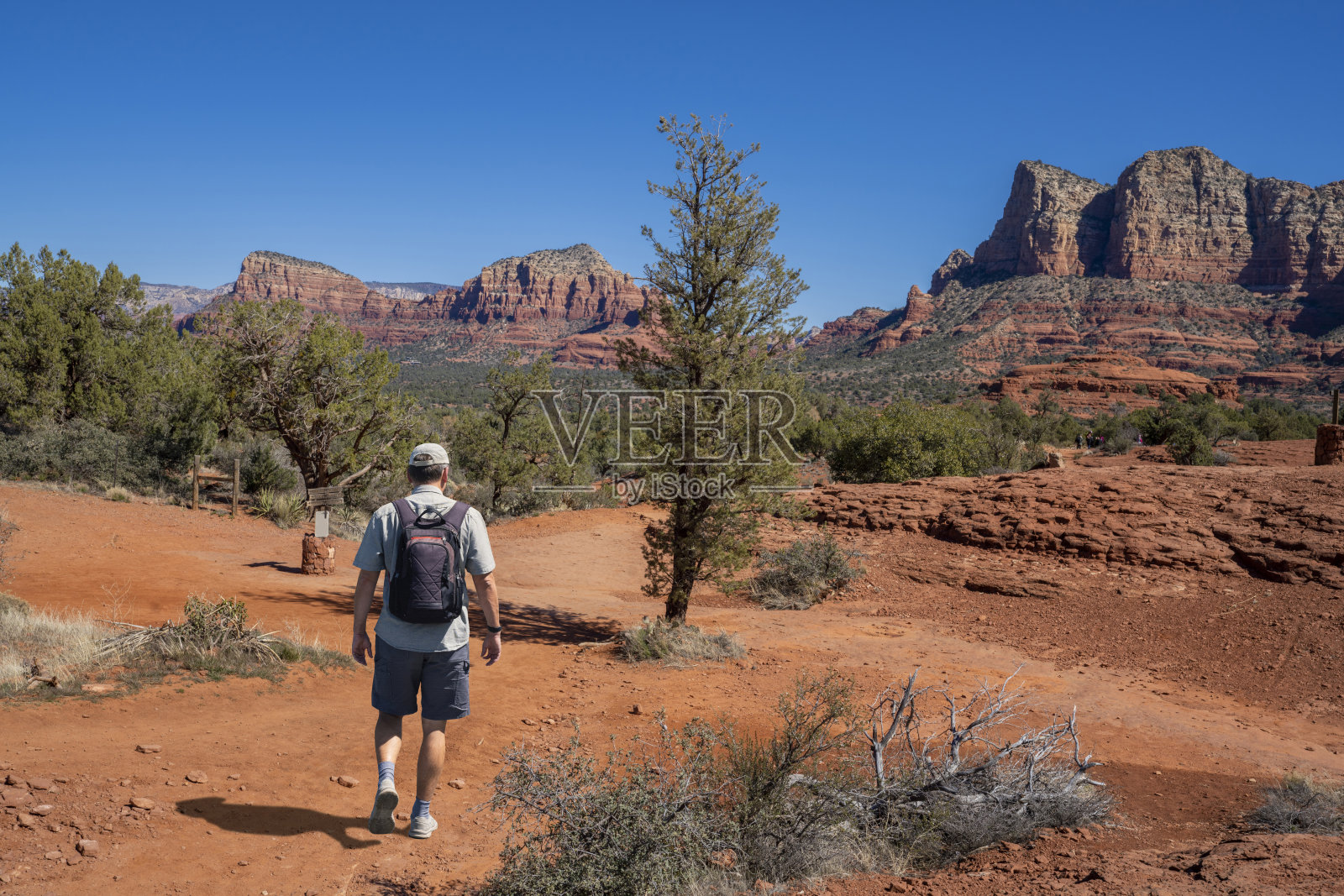 春天的人在红色的山上徒步旅行。照片摄影图片