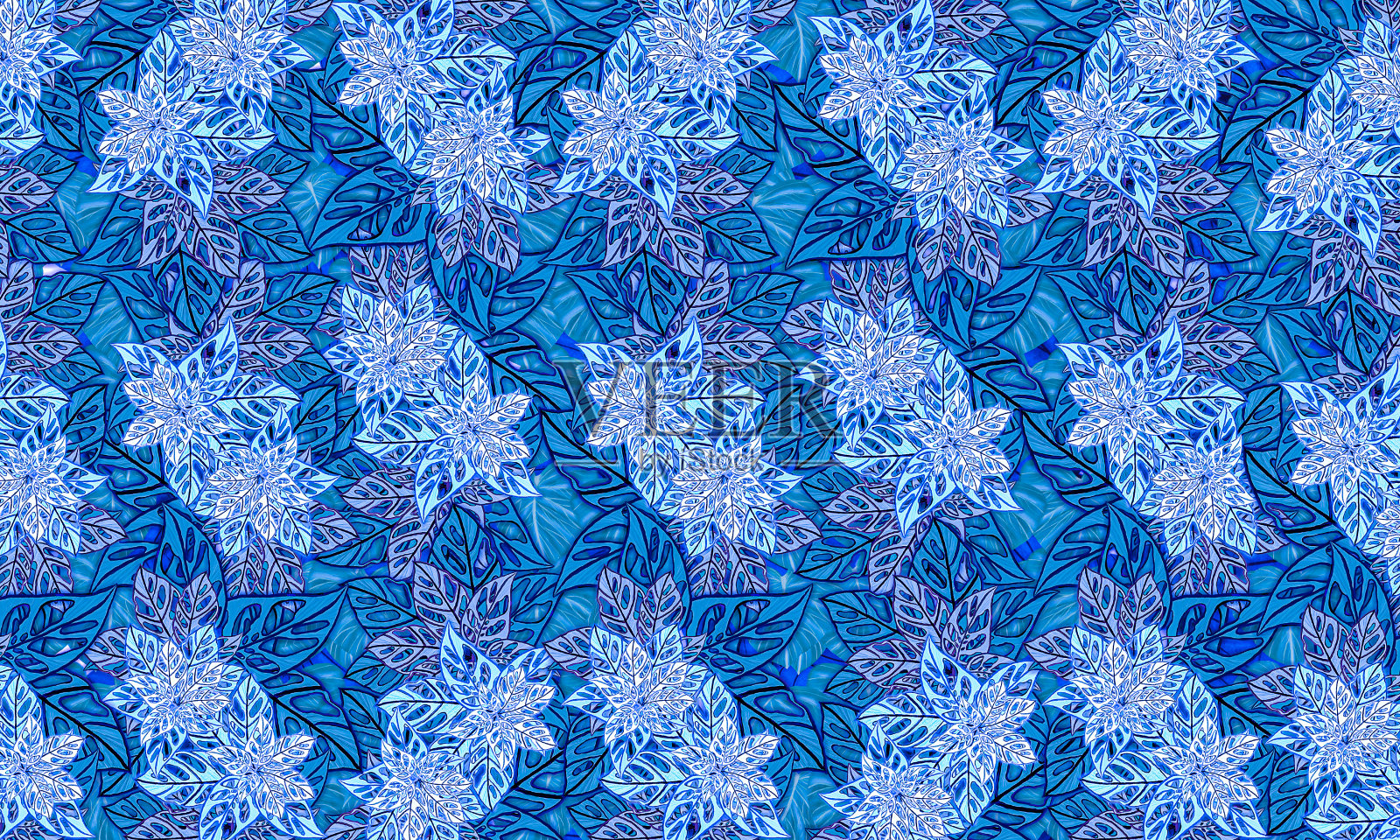 绿色热带树叶手绘图案与蓝色滤镜效果，壁纸自然背景设计插画图片素材