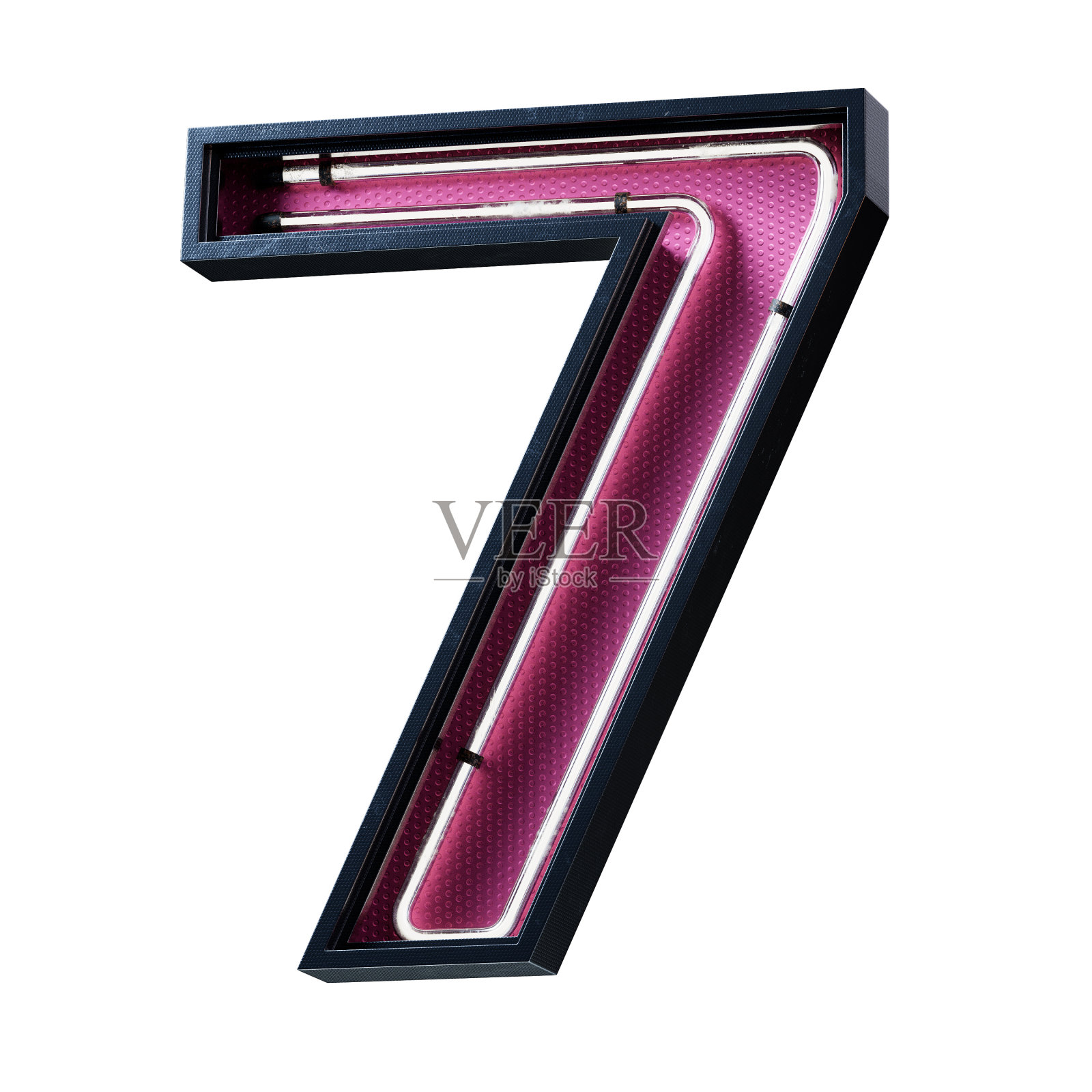 3D插图白色霓虹灯数字数字字符7字体。白色发光效果，黑色金属盒，粉红色底板。3d渲染孤立在白色背景。照片摄影图片
