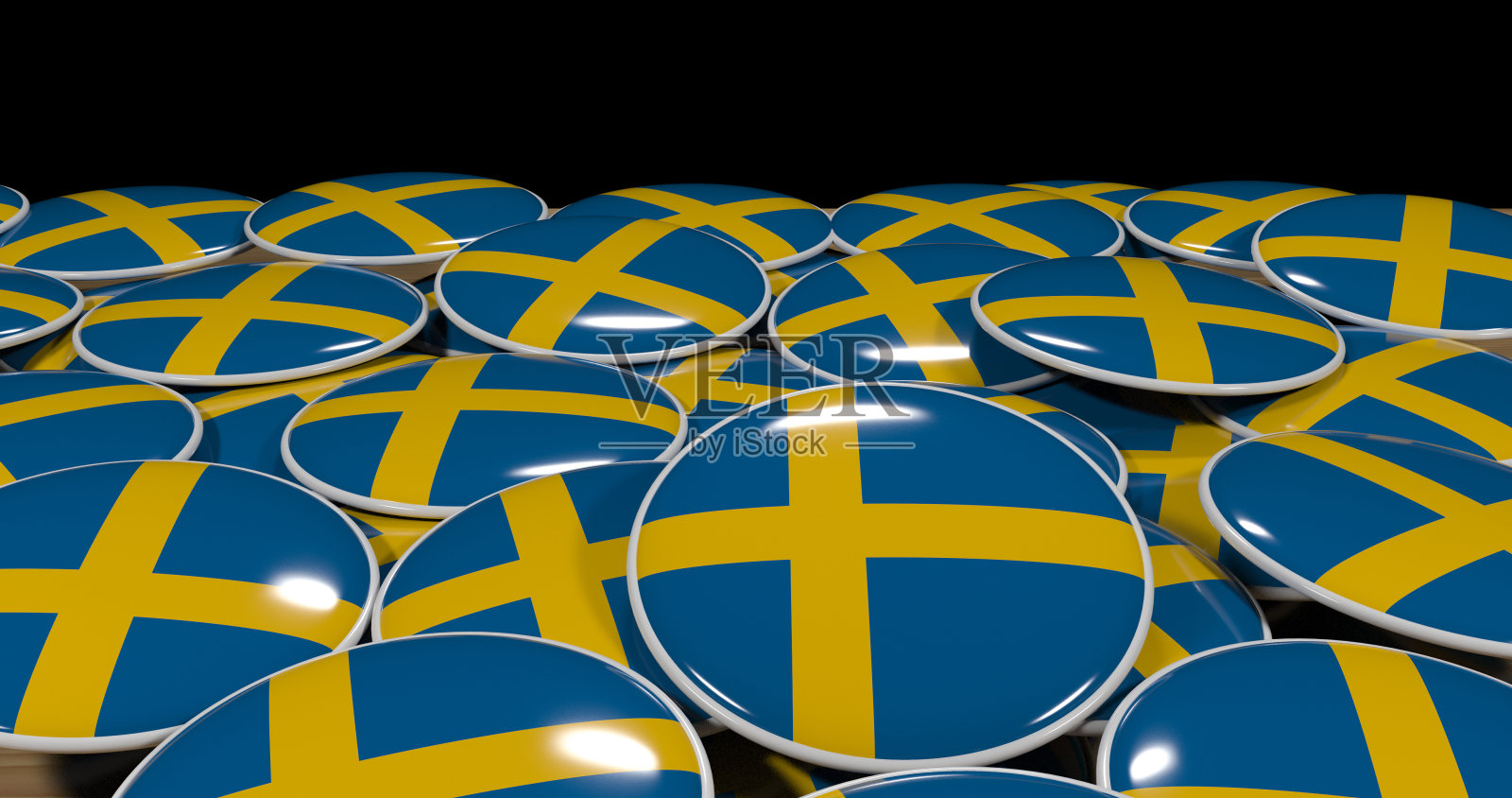 一张木制桌子上的瑞典国旗别针的3D渲染，展示了政治、支持和民族主义照片摄影图片