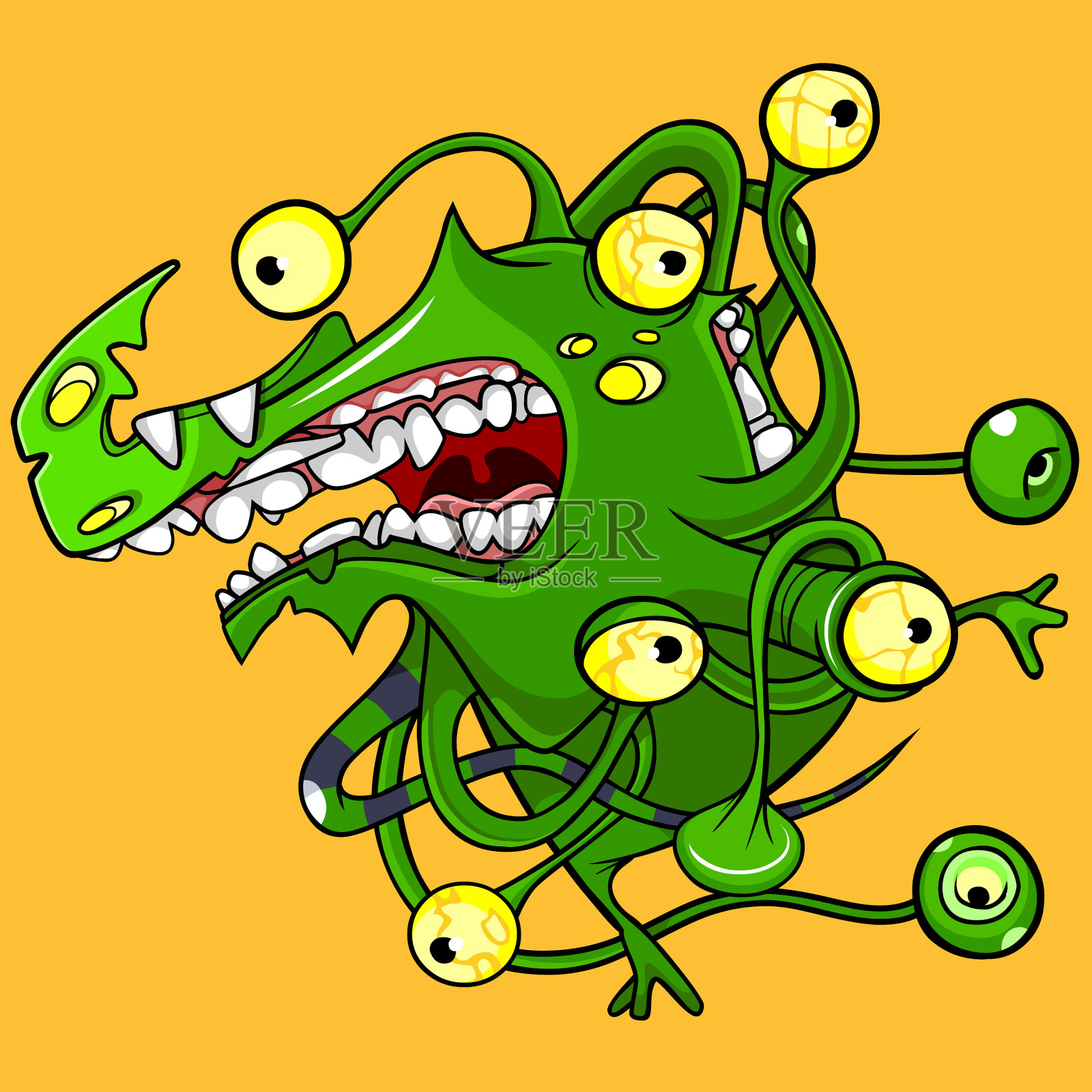 卡通绿色错综复杂的许多眼睛牙齿怪物插画图片素材