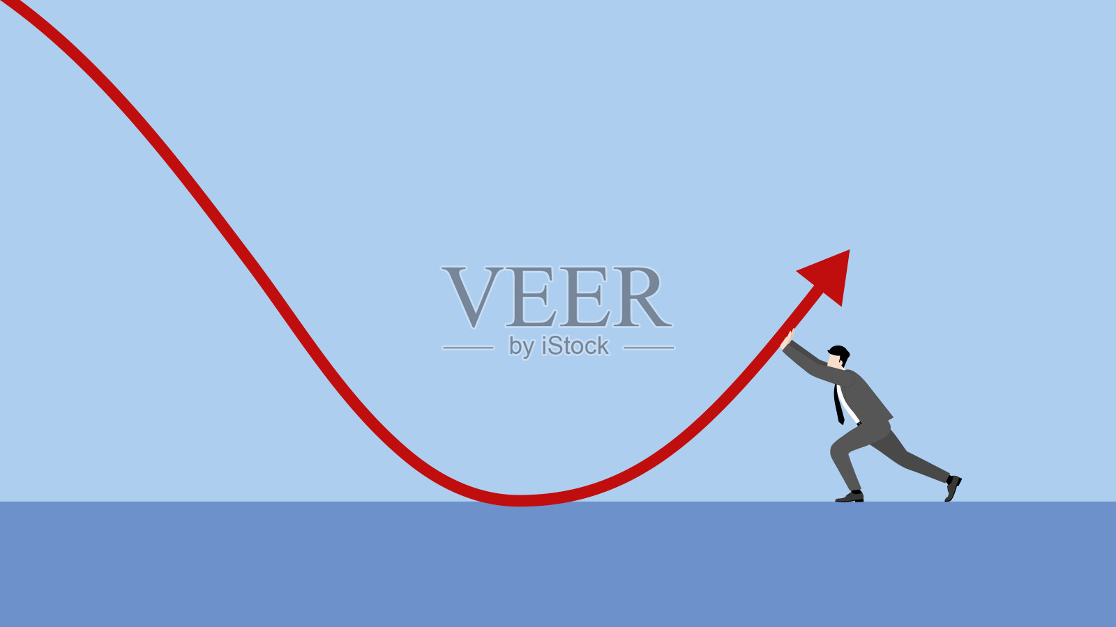 一个最小风格的红色向下图表的金融危机，经济衰退，通货膨胀，衰退，失败，破产，和危机的概念。一个商人推了一个下降的商业图表。设计元素图片