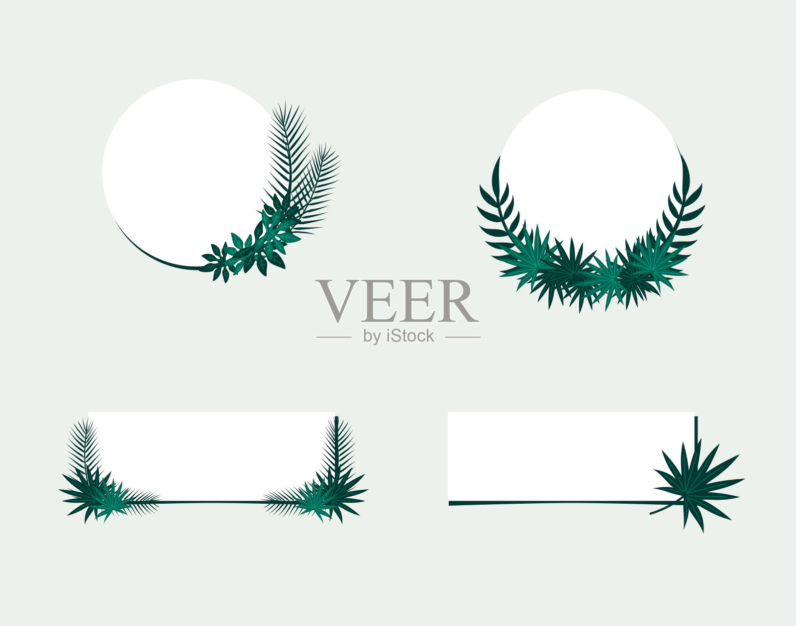 方形和圆形框架装饰热带绿叶平面矢量插图孤立在白色背景。邀请卡的自然边框。插画图片素材