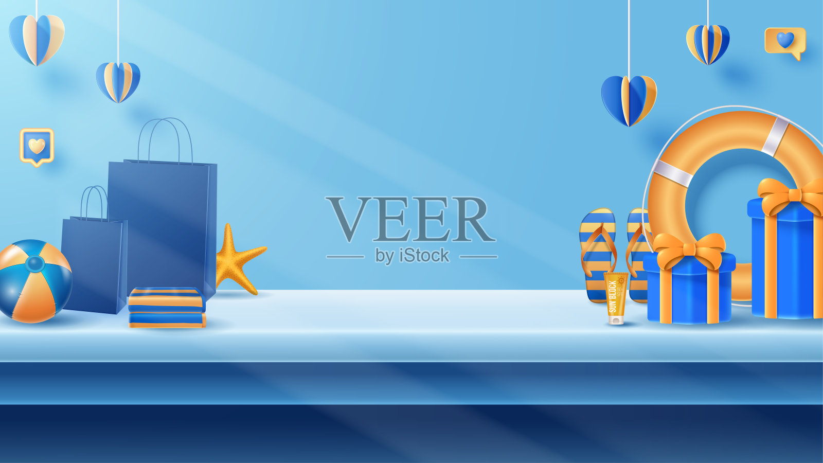 夏季展示平台装饰背景与海滩装饰。向量的三维演示插画图片素材