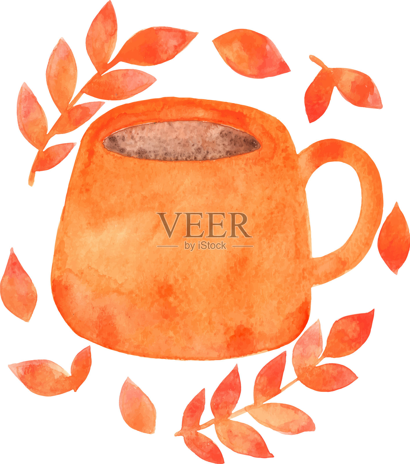 橙色咖啡杯与叶子水彩分离设计元素图片