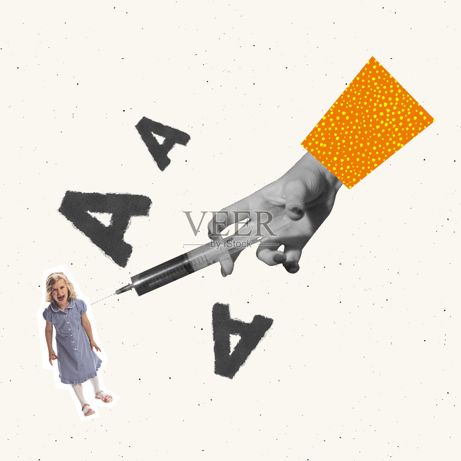 当代艺术拼贴。概念上的形象。巨大的女性手拿着注射器，小女孩，小孩在喊。进行疫苗接种、儿童保健照片摄影图片