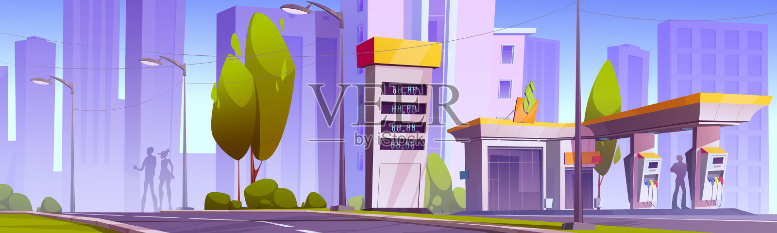 城市街道上有油泵的加油站插画图片素材