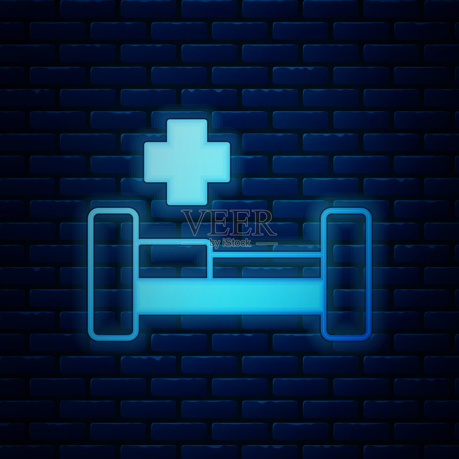 霓虹灯医院病床图标孤立在砖上插画图片素材