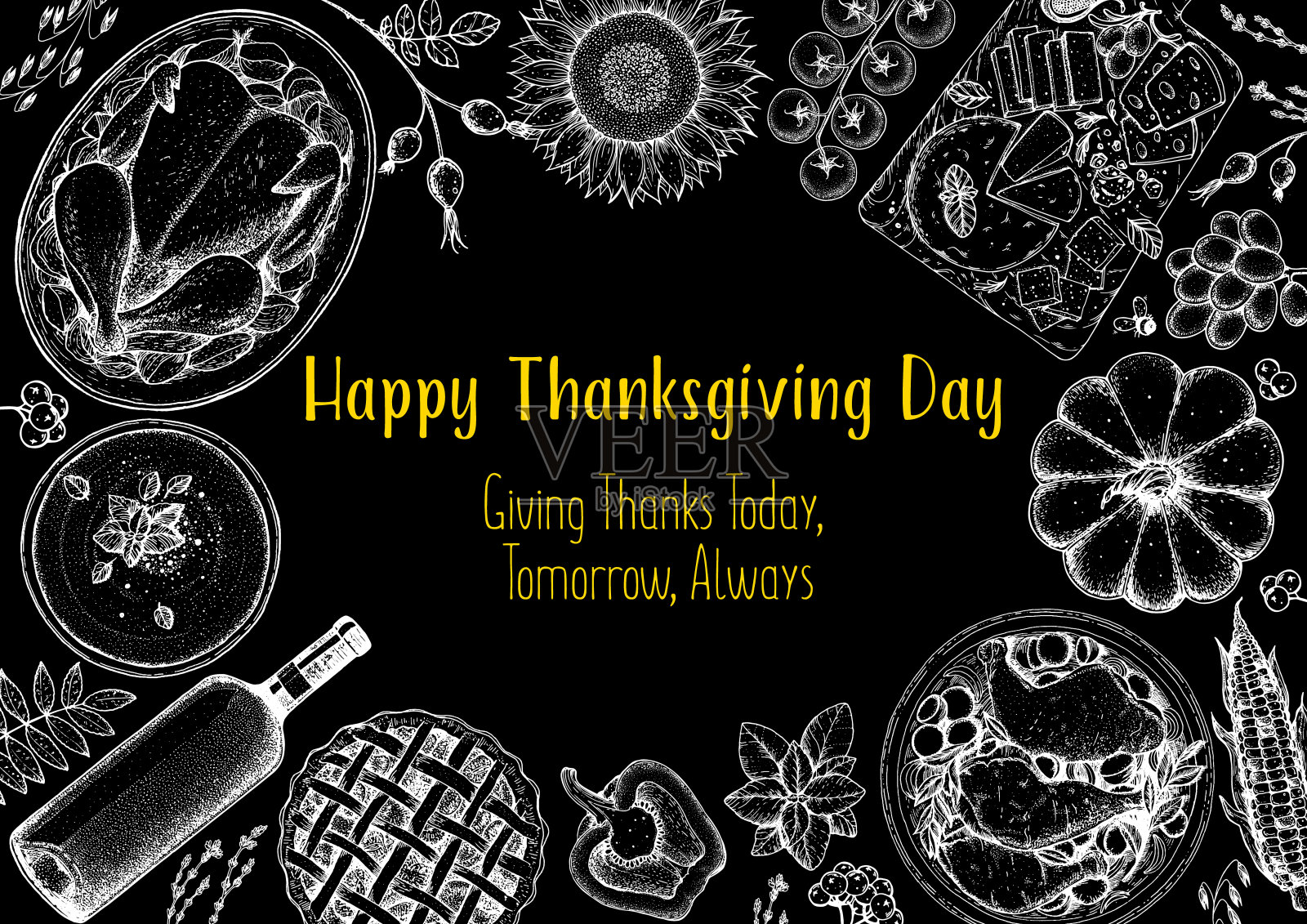 感恩节食物横幅设计。感恩节插图。食物手绘草图。有火鸡的节日晚餐。秋季粮食草图。雕刻的形象。向量感恩节背景。插画图片素材