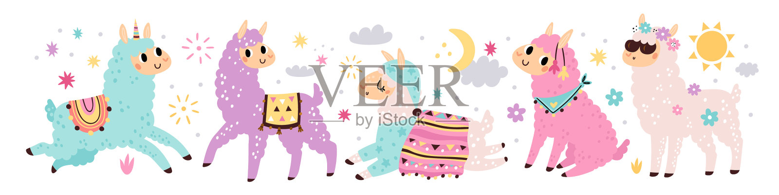 可爱的大羊驼，滑稽的微笑的人物，毛茸茸的设计元素图片