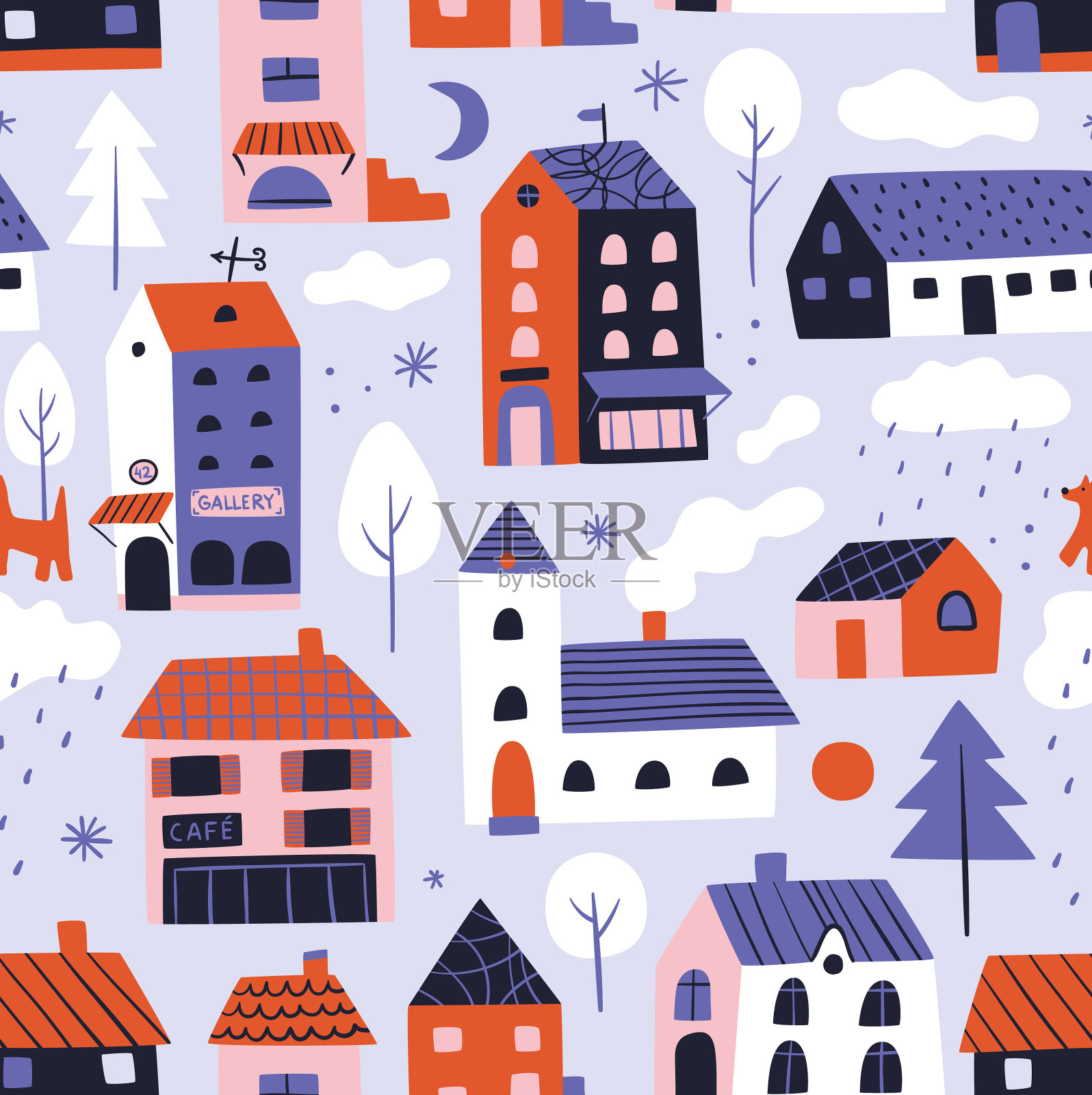 房屋无缝图案冬季城市建筑插画图片素材