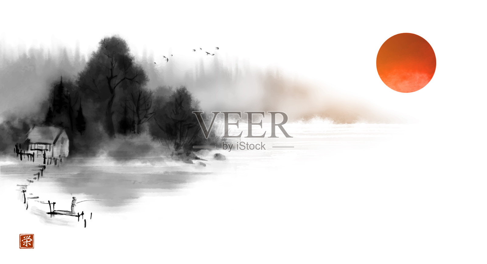 风景与渔夫在朦胧的河边和插画图片素材