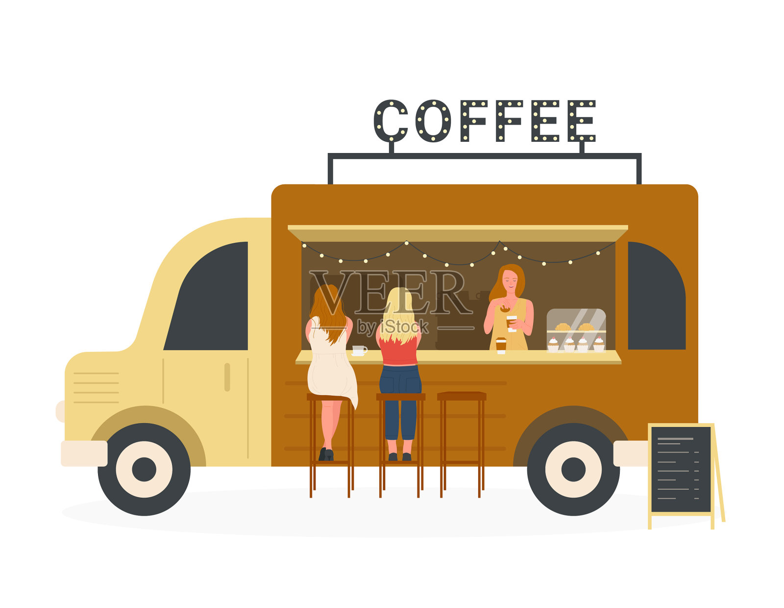 在酒吧柜台的街头咖啡车和客户设计元素图片