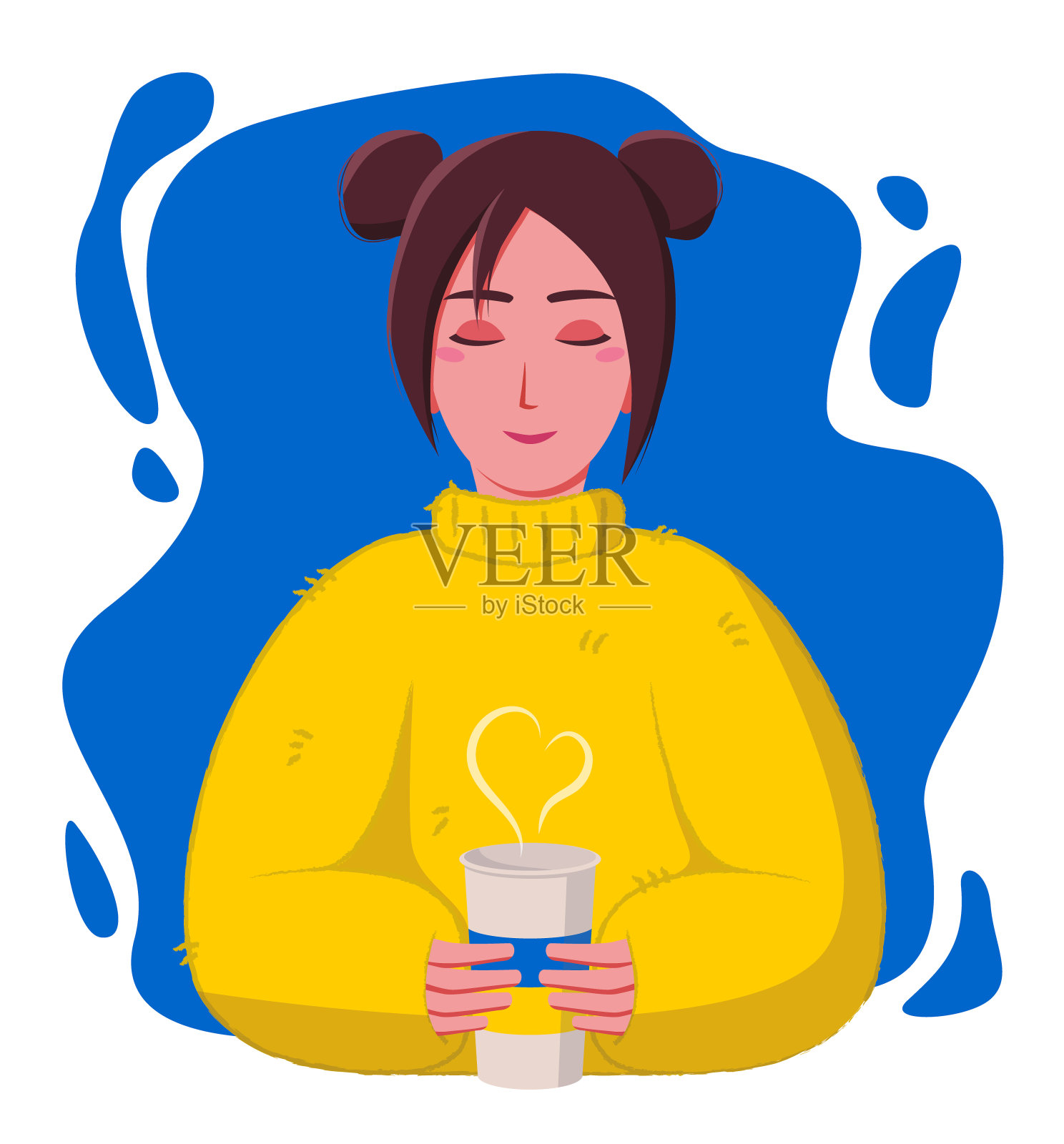 扁平的vertor女孩穿着黄色毛衣，蓝色的背景上有一杯咖啡。乌克兰国旗插画图片素材