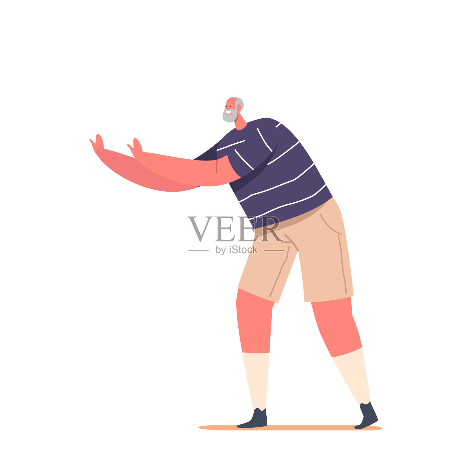 老年男性角色伸展双手孤立在白色背景。老人的生活方式，老微笑的绅士插画图片素材