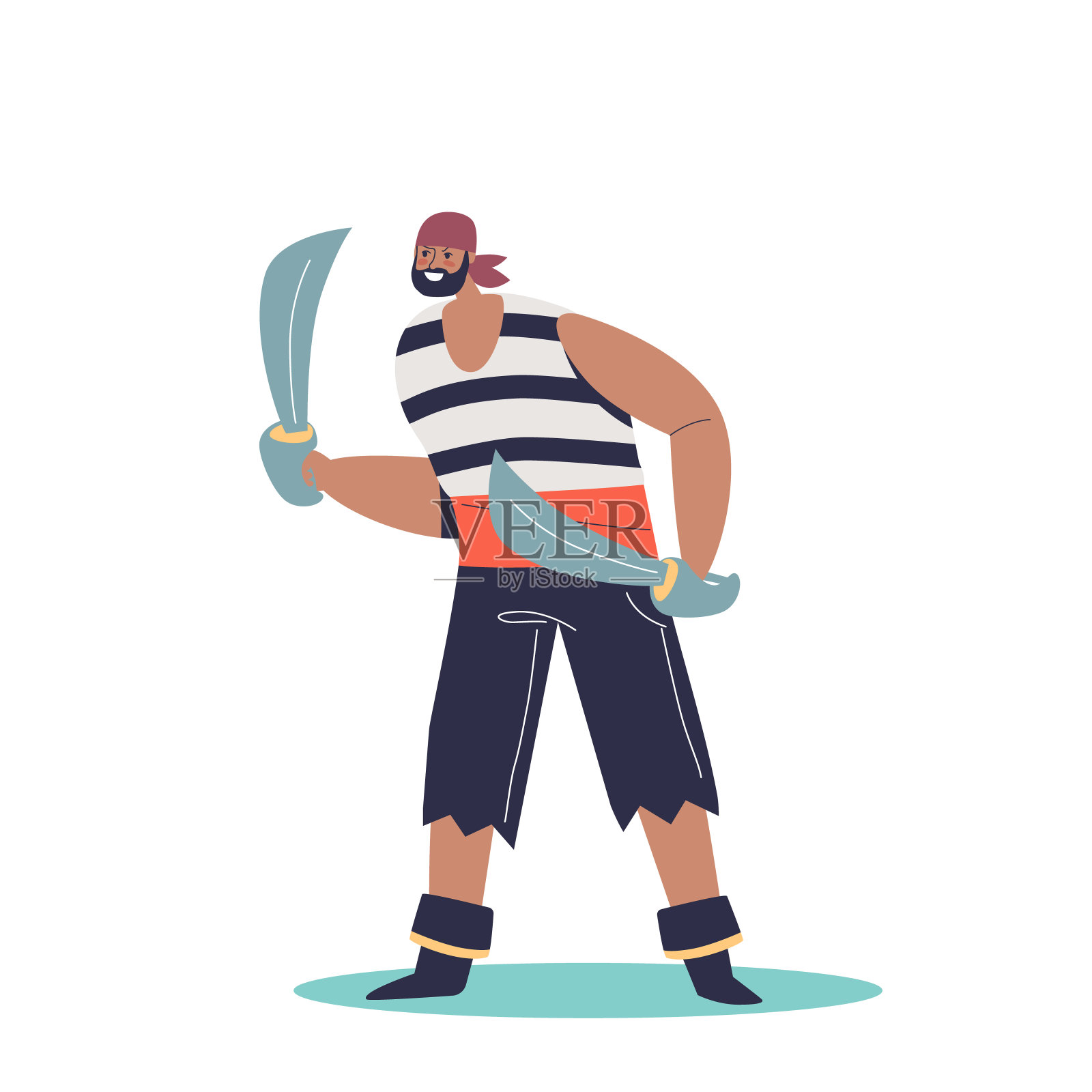 海盗，暴徒或海盗，愤怒的高级阻挠者穿着褴褛的衣服，手持军刀插画图片素材