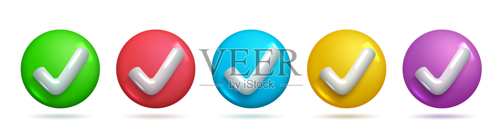 3d现实复选标记图标在不同的颜色。检查正确的图标集。三维向量元素集。图标素材