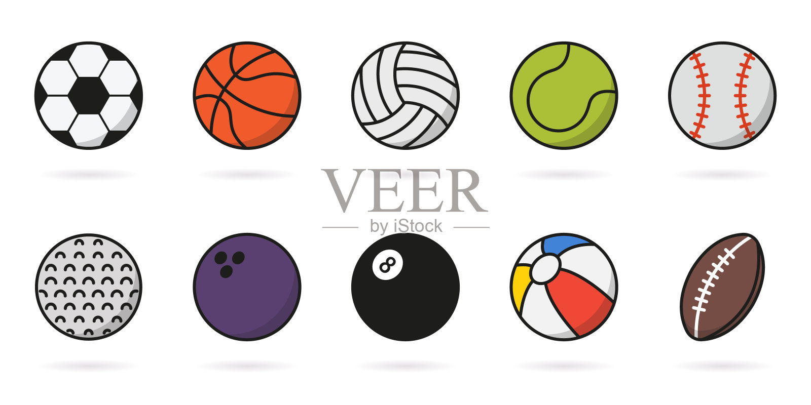 一套体育游戏球图标。收集篮球，棒球，网球，橄榄球，足球，排球，高尔夫球，游泳池象形图。充气彩色球，垒球标志。矢量图插画图片素材
