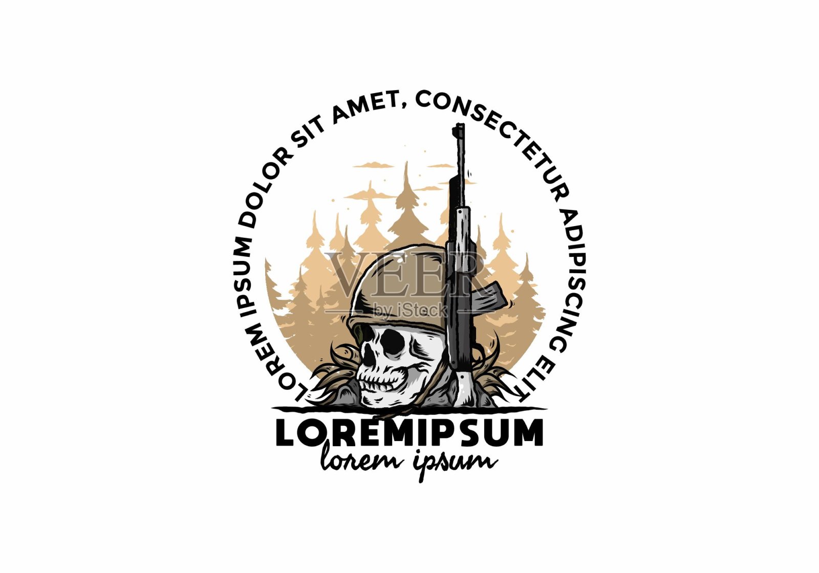 带有武器插图的头骨和士兵头盔插画图片素材