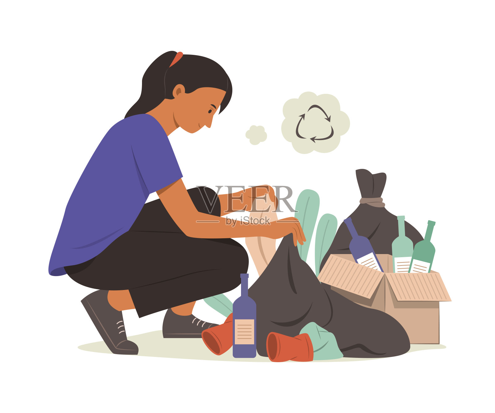 妇女分类垃圾以回收。插画图片素材