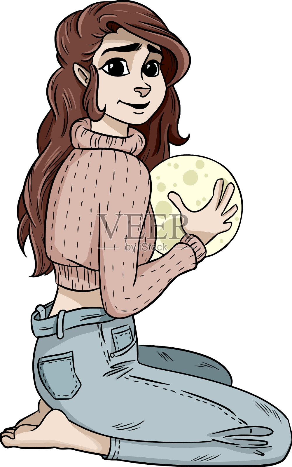 女孩抱着月亮的卡通概念设计元素图片