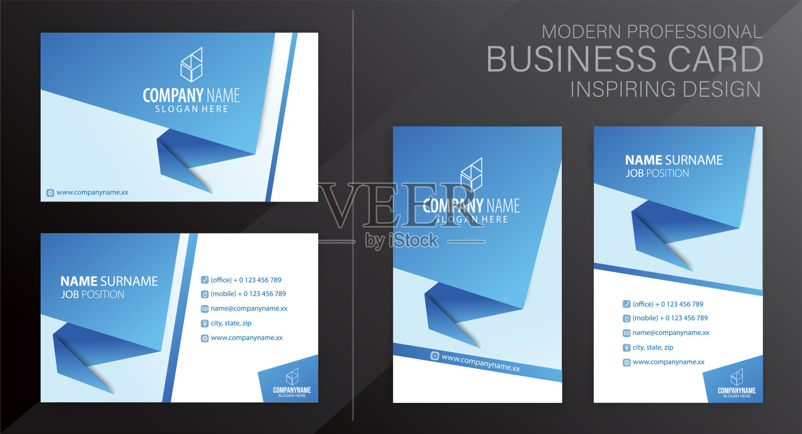 套蓝白色现代企业名片设计模板，矢量eps 10设计模板素材