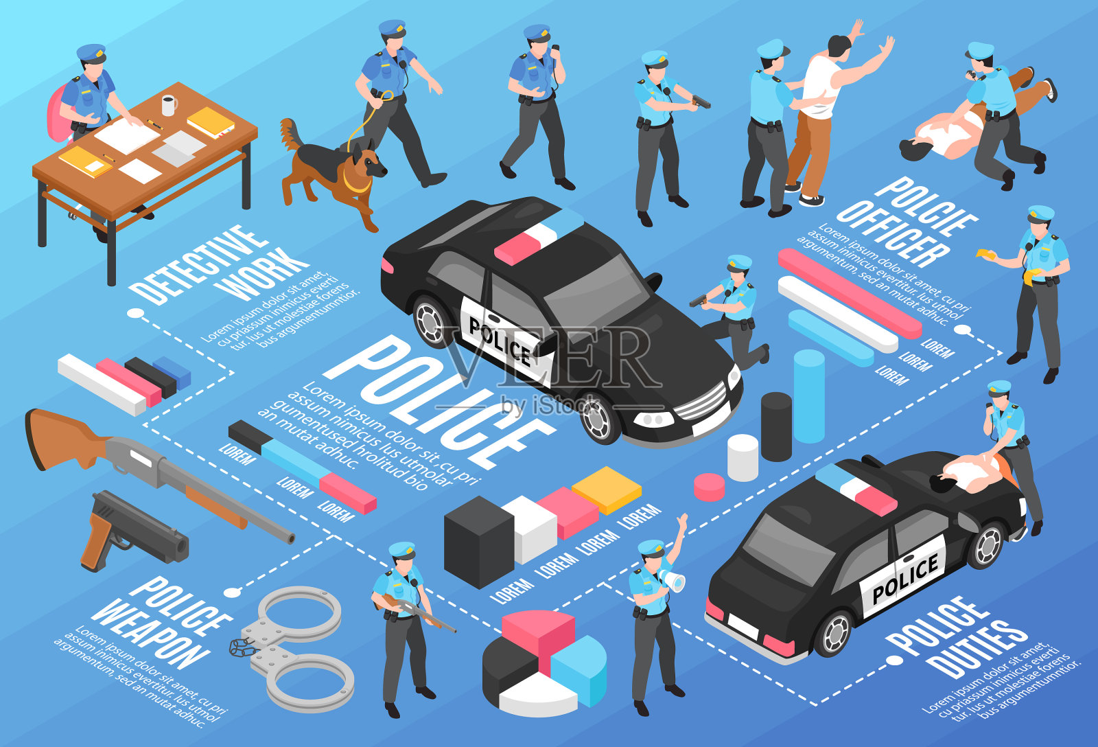 警察等距流程图设计模板素材