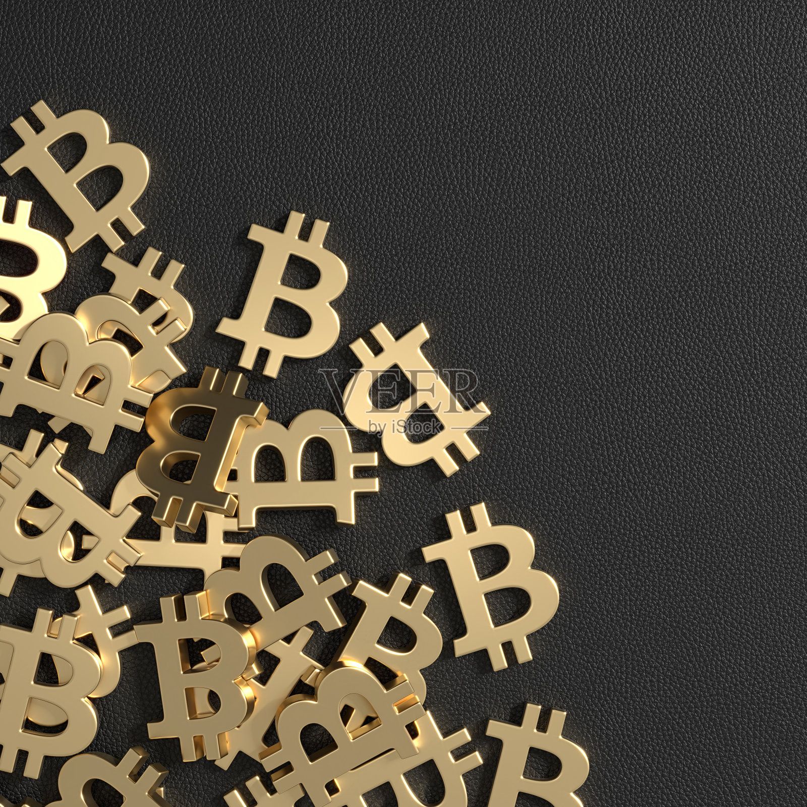 比特币符号散落在皮革表面。3 d渲染。照片摄影图片