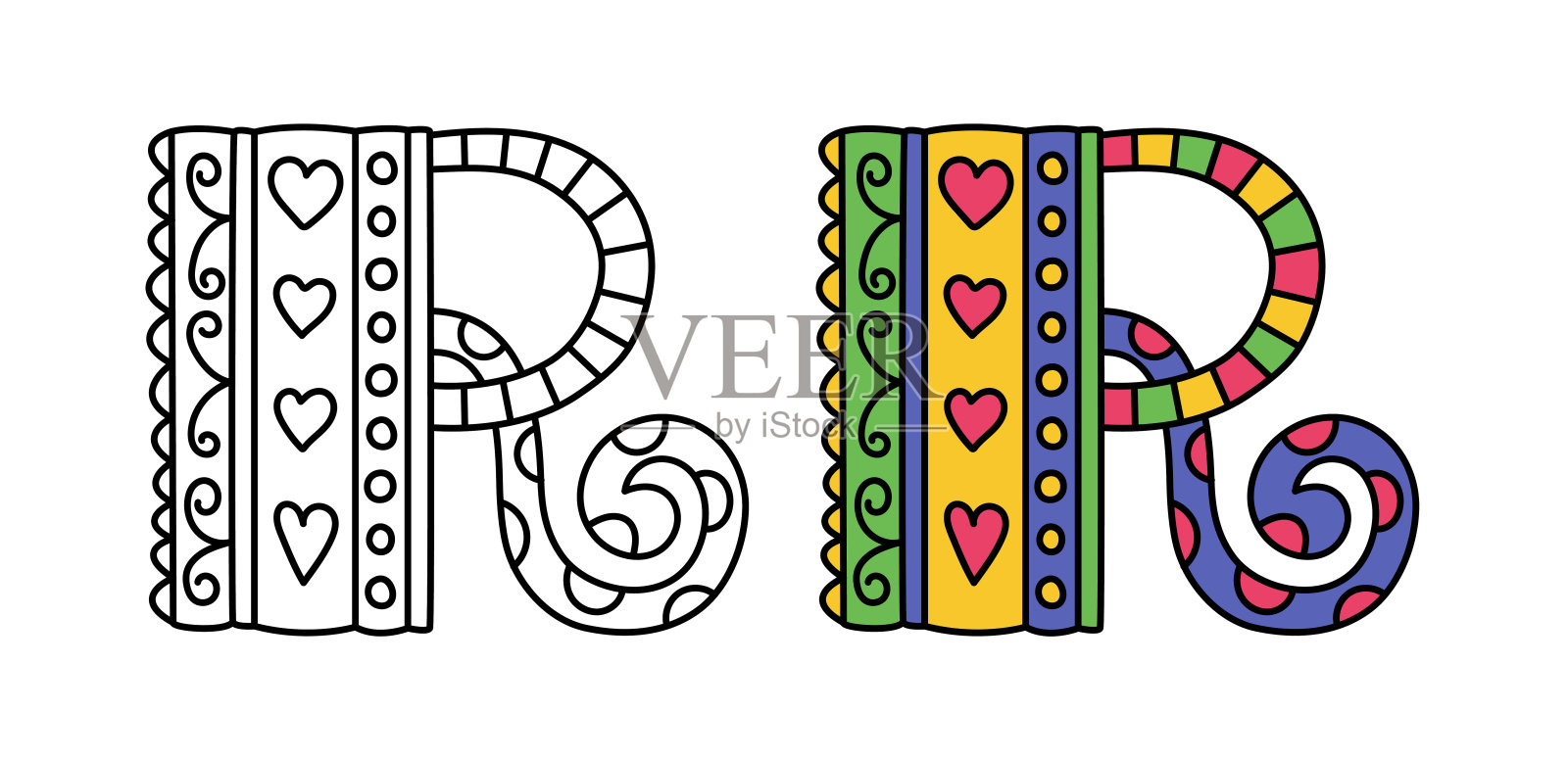 涂鸦字母r，手绘线ABC。素描字母表。儿童插图涂色书。可编辑的插画图片素材