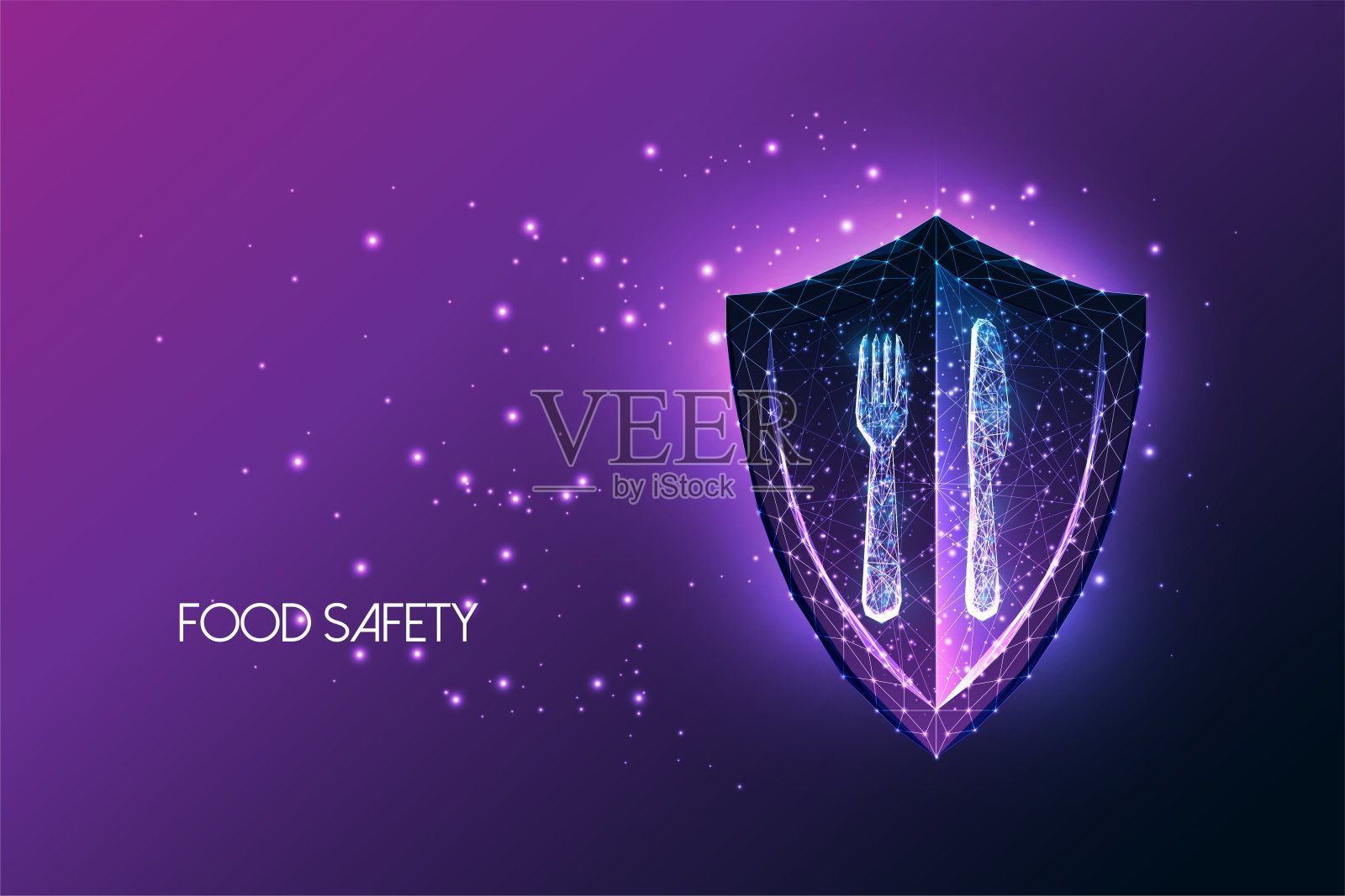 未来的食品安全概念与发光低多边形盾牌和餐具，叉子和刀插画图片素材