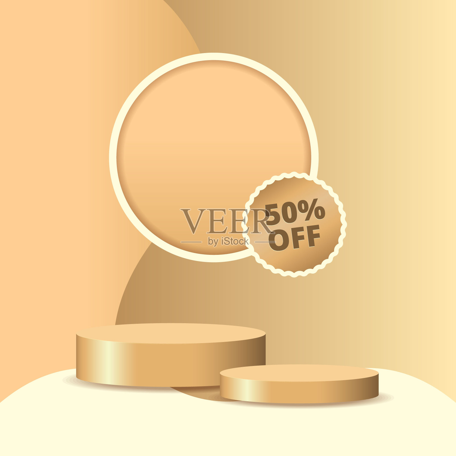 黄金平台背景的对象和产品与折扣促销插画图片素材