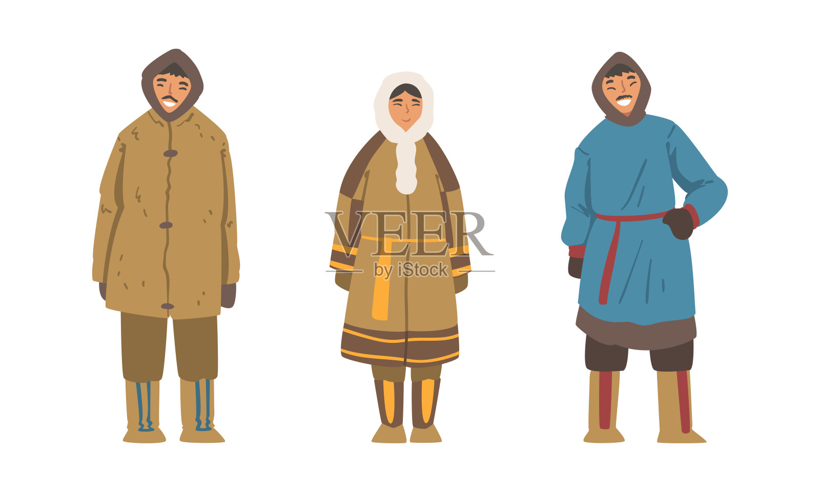 爱斯基摩土著男女角色穿着传统温暖的衣服向量集设计元素图片