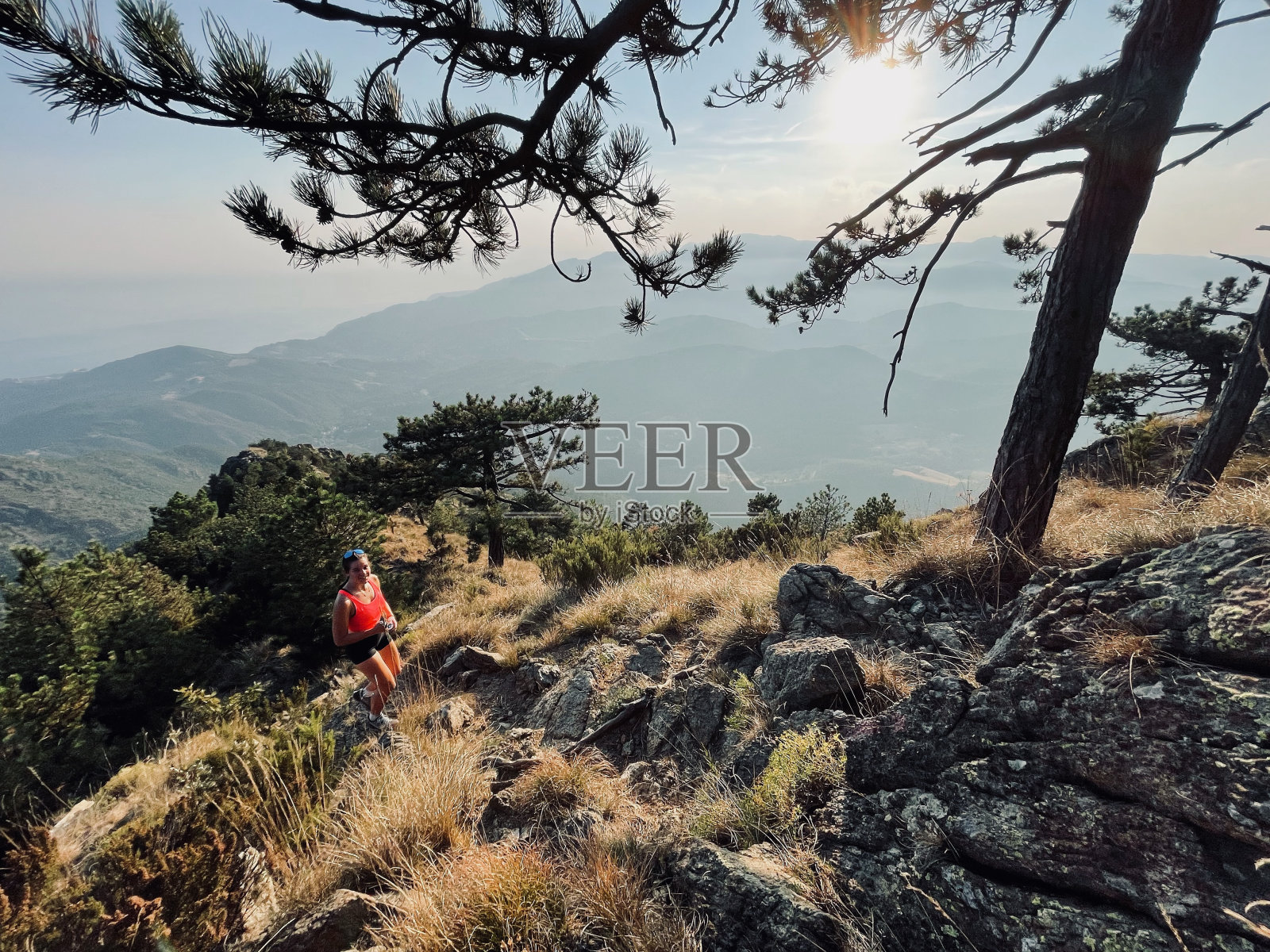 年轻女子徒步穿越森林，爬上干旱的山坡照片摄影图片