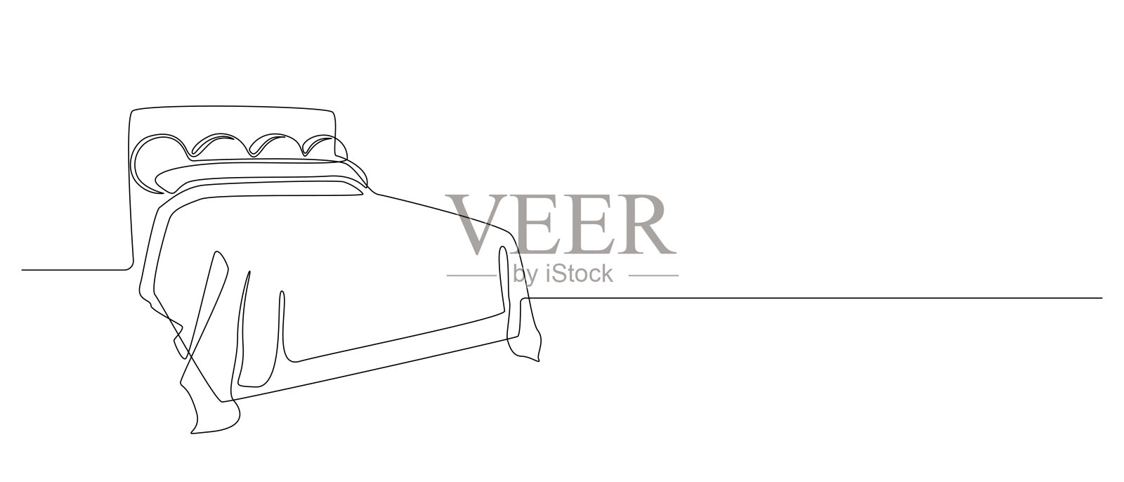 卧室双人床的连续单线画。现代舒适的斯堪的纳维亚内饰，简单的线性风格。可编辑的中风。画矢量图插画图片素材