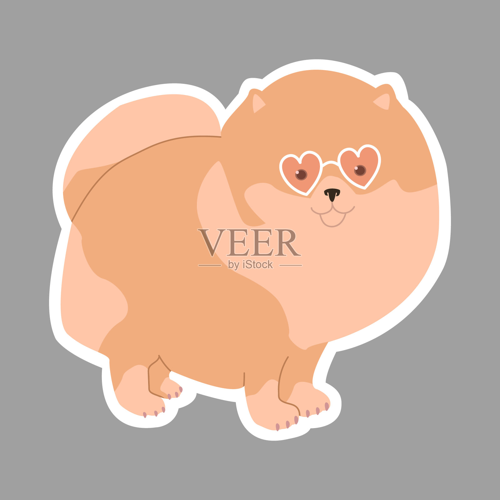 戴粉色眼镜的博美犬。可爱的贴纸。矢量插图为儿童。插画图片素材