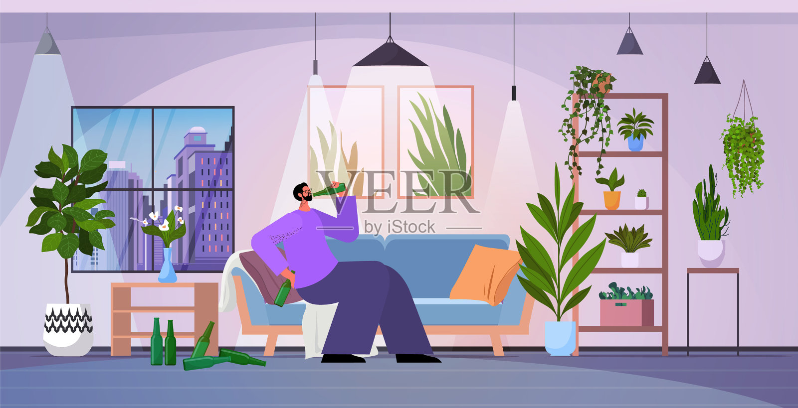 伤心的男人酗酒，独自喝酒抑郁插画图片素材