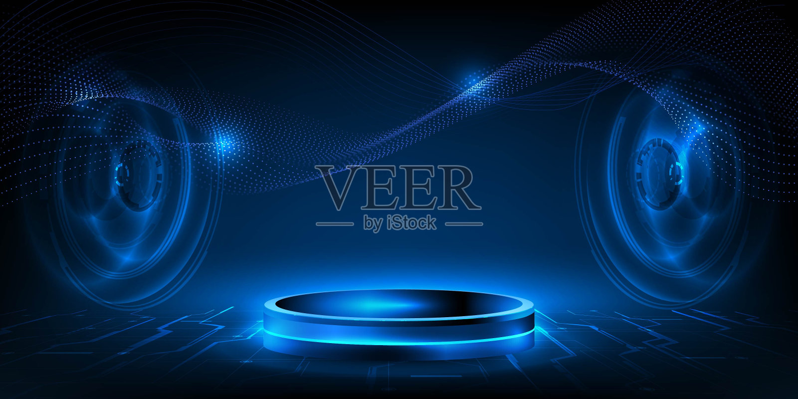 矢量插图的未来数字技术舞台与发光的蓝色基座平台舞台布局的高科技展示。数字技术的概念。插画图片素材