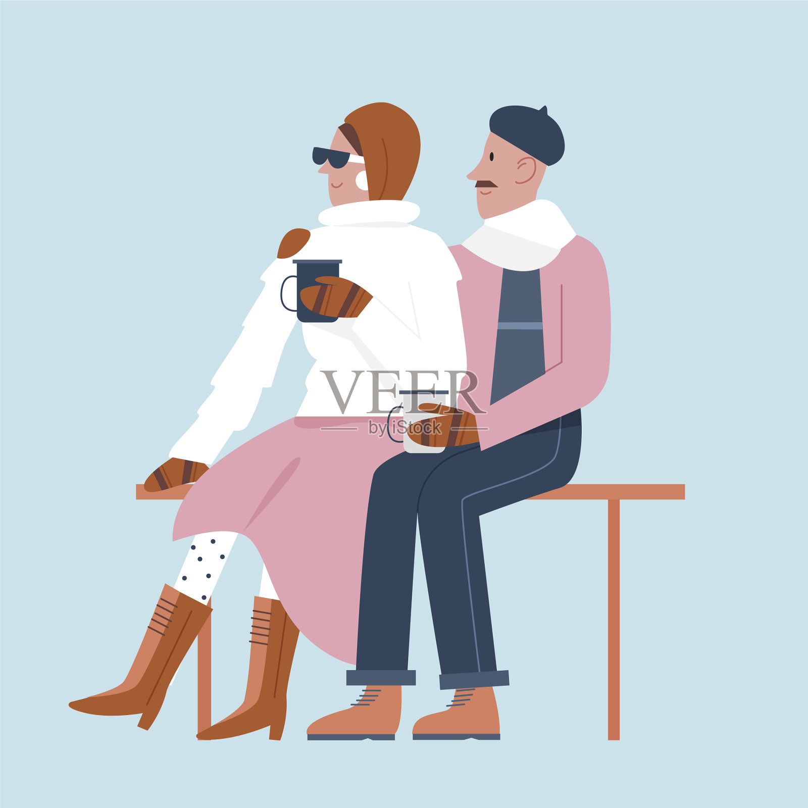 时髦可爱的夫妇坐在户外长凳上插画图片素材