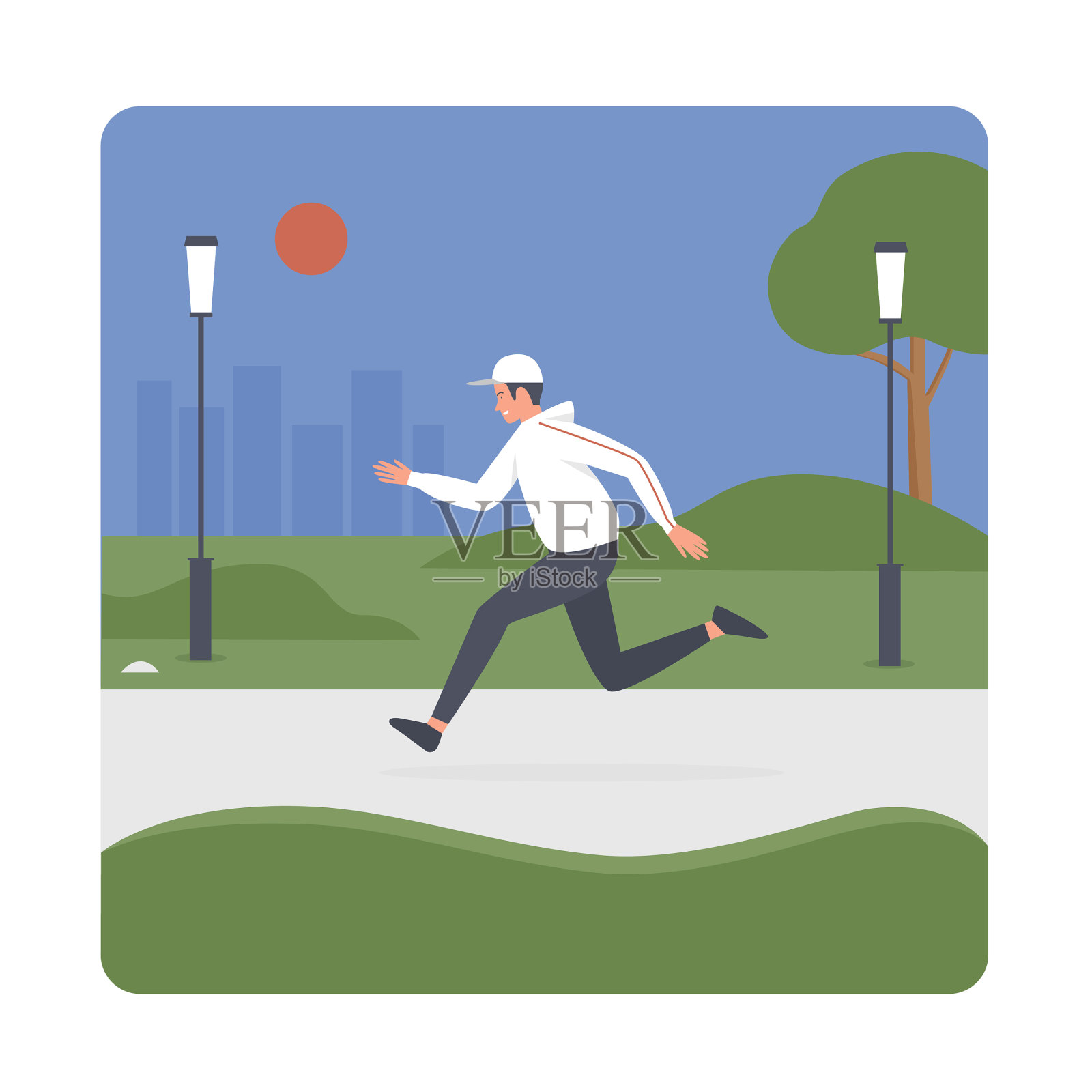 穿着运动服的男孩晚上在公园里跑步插画图片素材