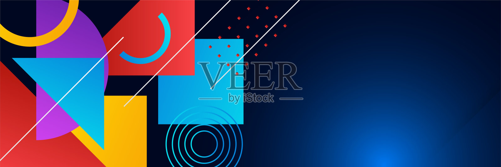 现代彩色蓝橙紫红梯度抽象几何复古旗帜背景设计。抽象背景用线条正方形、三角形、网点半色调和圆形。矢量插图。插画图片素材