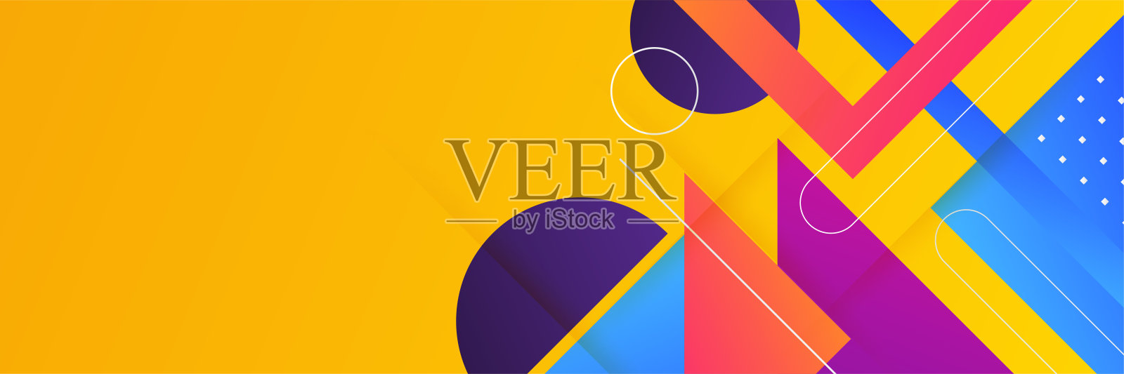 现代彩色蓝橙紫红梯度抽象几何复古旗帜背景设计。抽象背景用线条正方形、三角形、网点半色调和圆形。矢量插图。插画图片素材