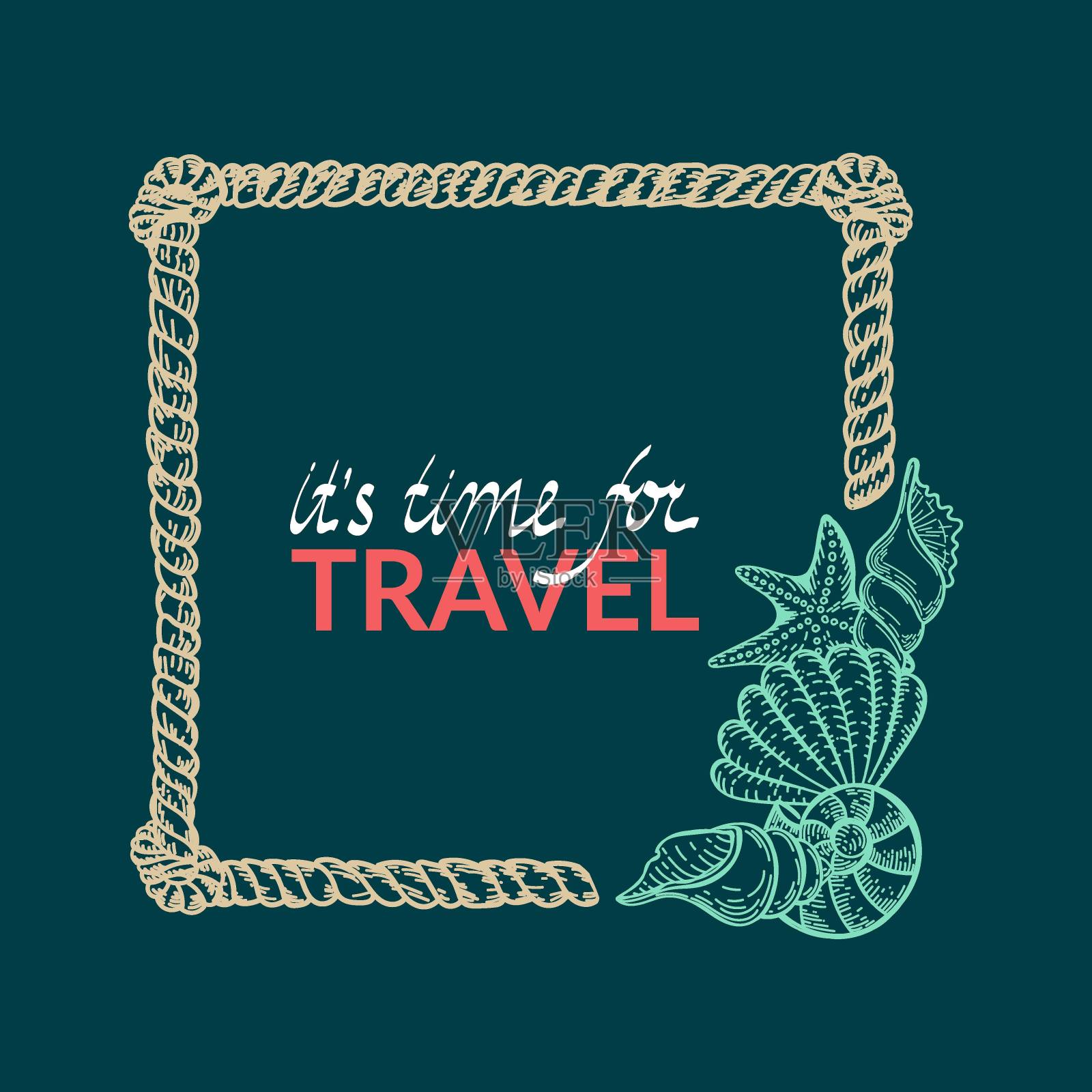 画框采用航海风格，手绘涂鸦元素采用素描风格。海洋生物。绳结。Sea-Ocean。模板的照片，社交媒体和海报。插画图片素材