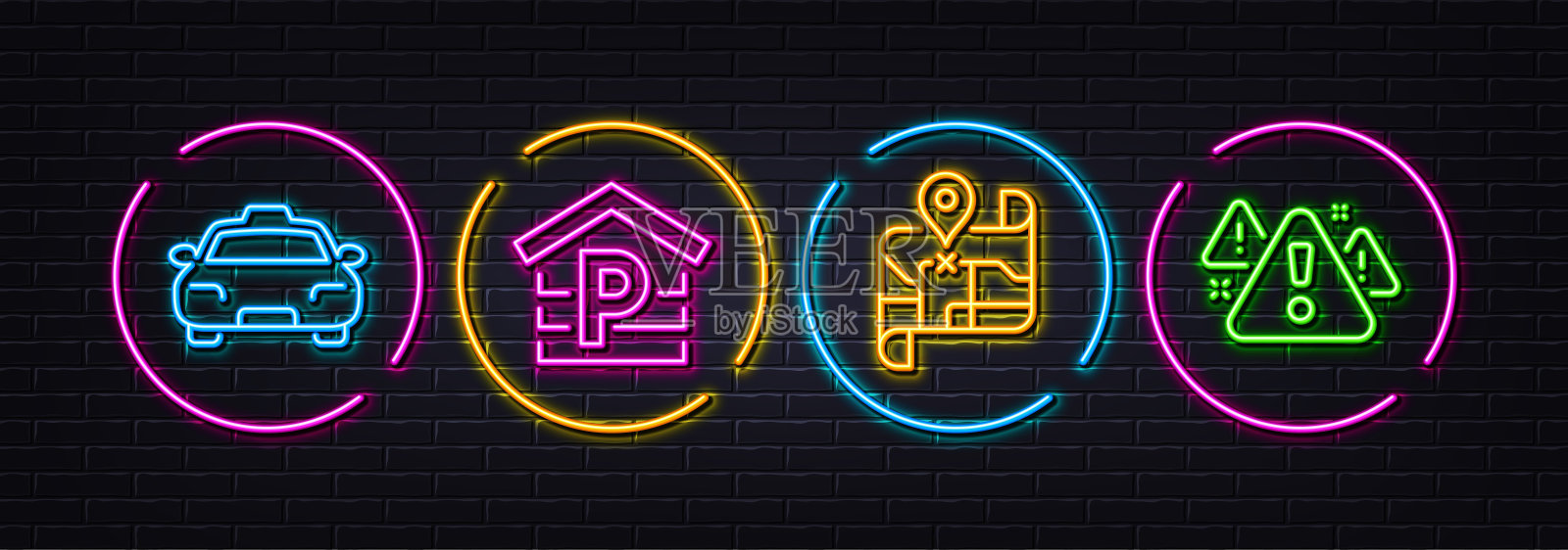 停车，出租车和地图最小线图标。对于web应用程序，打印。氖激光3d灯。向量图标素材